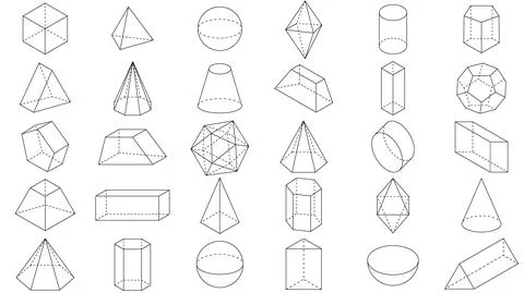 Set of basic stereometry shapes line cuboid octahedron pyramid prism cube Illustrazione stock