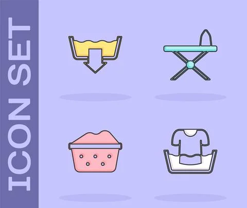 Set Basin with shirt, Washing modes, soap suds and Iron and ironing board icon Stock-Illustration