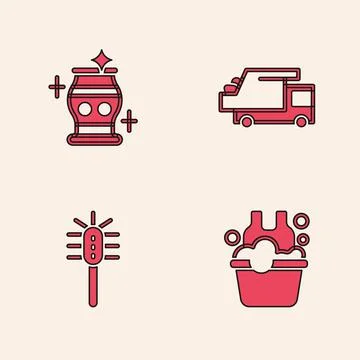 Set Basin with soap suds, Clean vase, Garbage truck and Toilet brush icon Stock Illustration