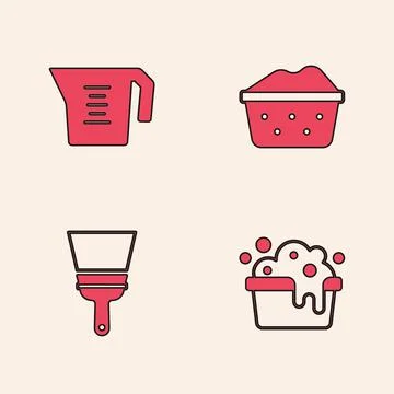 Set Basin with soap suds, Measuring cup, and Rubber cleaner for windows icon Stock Illustration