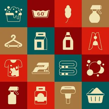 Set Basin with soap suds, Soap water bubbles, Clothes pin, Feather, Laundry d Stock Illustration