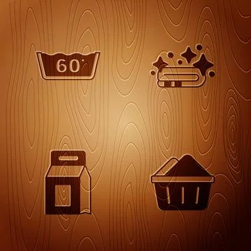 Set Basin with soap suds, Temperature wash, Laundry detergent and Towel stack on イラスト素材