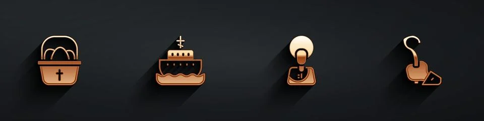 Set Basket with easter eggs, Ark of noah, Jesus Christ and Magic staff icon.. Stock Illustration