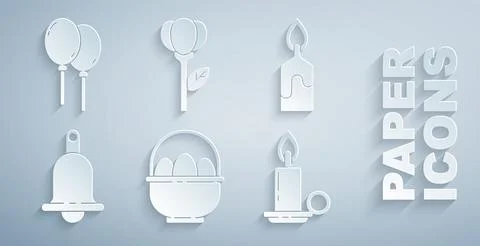 Set Basket with easter eggs, Burning candle, Ringing bell, candlestick, Flower Stock Illustration
