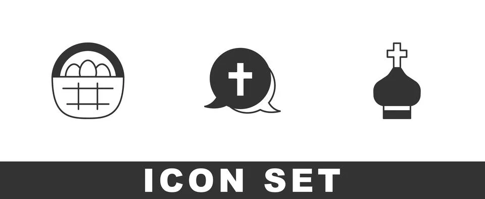 Set Basket with easter eggs, Christian cross and church tower icon. Vector イラスト素材
