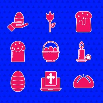 Set Basket with easter eggs, Cross on the laptop screen, Easter cake, Burni.. Stock Illustration