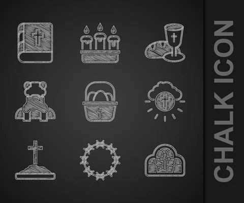 Set Basket with easter eggs, Crown of thorns, Stained glass, Religious cross Stock Illustration