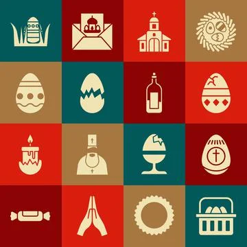 Set Basket with easter eggs, Easter, Cracked, Church building, Broken, and Ilustración de archivo