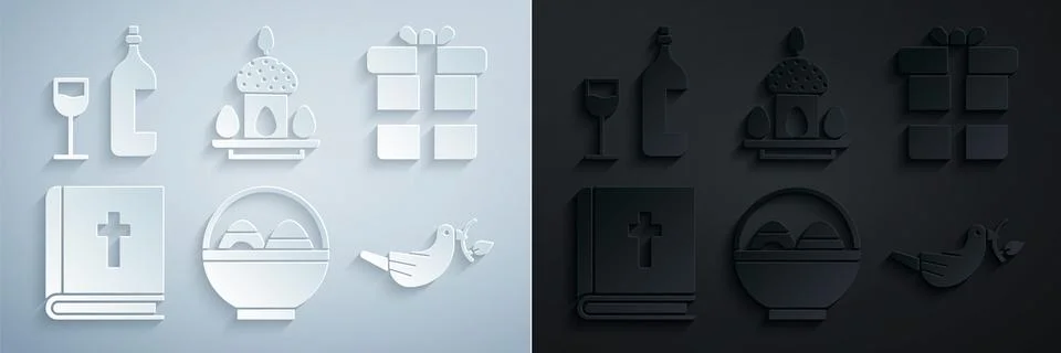 Set Basket with easter eggs, Gift box, Holy bible book, Peace dove olive branch Stock Illustration