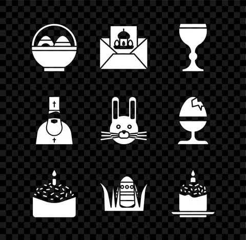 Set Basket with easter eggs, Greeting card Happy Easter, Wine glass, cake and Stock Illustration