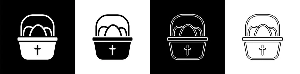 Set Basket with easter eggs icon isolated on black and white background. Happy Illustrazione stock