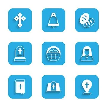 Set Basket with easter eggs, Pope hat, Location church building, Nun, Holy bible Stock Illustration