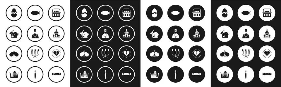 Set Basket with easter eggs, Priest, Easter rabbit, Broken, cake and, Christian Stock Illustration