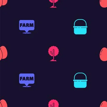 Set Basket, Location farm, Tree and Chicken egg on seamless pattern. Vector Illustrazione stock