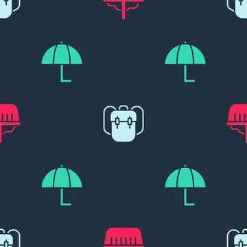 Set Basket, School backpack and Umbrella on seamless pattern. Vector Stockillustratie