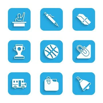Set Basketball ball, Document folder with clip, Ringing bell, Paper, School Bus Stock Illustration