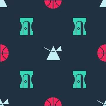 Set Basketball ball, Light rays in prism and Pencil sharpener on seamless Stockillustratie