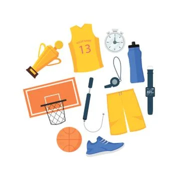 Set of basketball items in cirlce shape. Team sports game. Stock Illustration