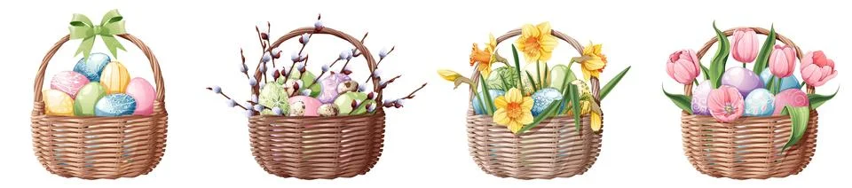 Set of baskets with Easter eggs and spring flowers on an isolated background. Stock Illustration