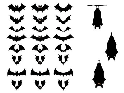 Set of bat silhouettes isolated on white background. Halloween flat bat. Stock Illustration
