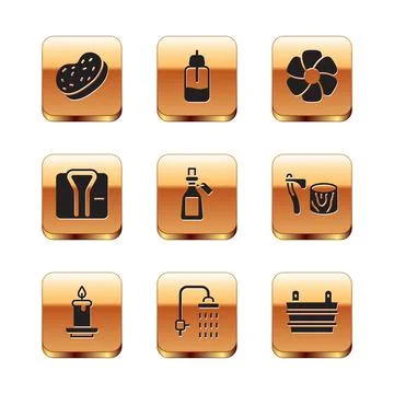 Set Bath sponge, Aroma candle, Shower, Essential oil bottle, Bathrobe, Flower Stock Illustration