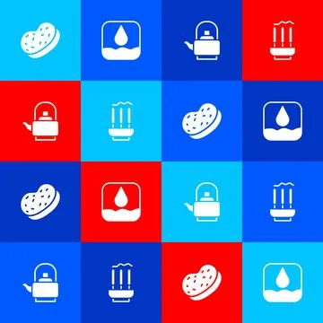 Set Bath sponge, Water drop, Kettle with handle and Incense sticks icon. Vector Illustration