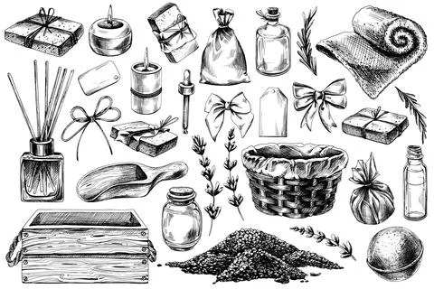 A set for the bathroom and SPA, soap, sea salt, decorative items, aroma candles Illustrazione stock