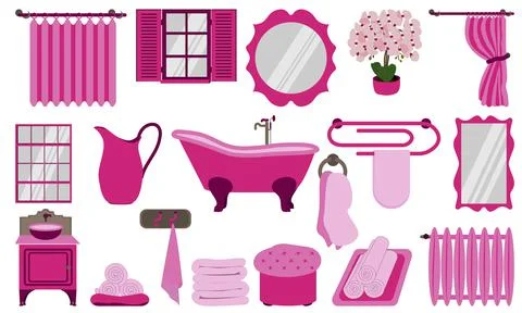 Set of bathroom elements in pink color for bathroom interior illustration Stock Illustration