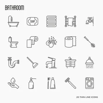 Set of bathroom equipment thin line icons. Vector illustration. Stock Illustration