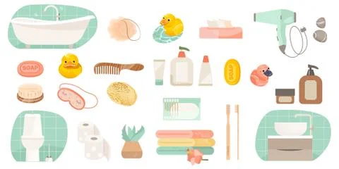 Set of bathroom equipments illustration. Vector icons of human body Stock Illustration