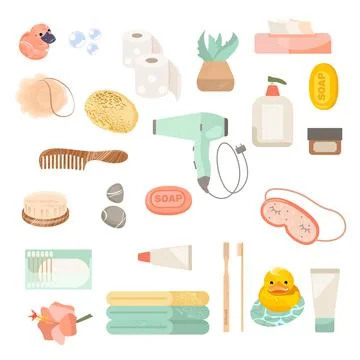 Set of bathroom equipments illustration. Vector icons of human body hygiene Stock Illustration
