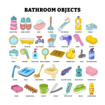 Set of bathroom object collection for education poster, bathroom icon eleme.. Stock Illustration