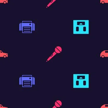 Set Bathroom scales, Printer, Microphone and Car on seamless pattern. Vector Stock Illustration