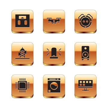 Set Bathroom scales, Processor with microcircuits CPU, Washer, Flasher siren Stock Illustration
