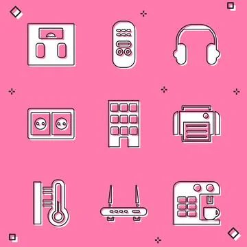 Set Bathroom scales, Remote control, Headphones, Electrical outlet, House Stock Illustration