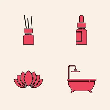 Set Bathtub, Aroma diffuser, Essential oil bottle and Lotus flower icon. Vector Stock Illustration