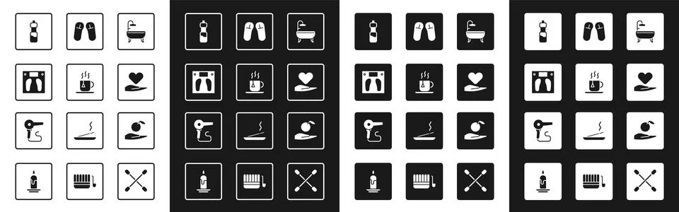 Set Bathtub Cup of tea with tea bag Bathroom scales Bottle water Heart on han Stock Illustration