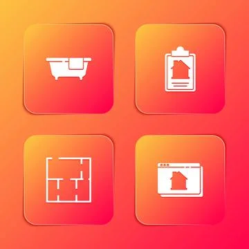 Set Bathtub, House contract, plan and Online real estate house icon. Vector Ilustración de archivo