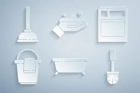 Set Bathtub, Kitchen dishwasher machine, Bucket with rag, Toilet brush, Washing Stock Illustration