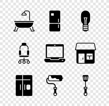 Set Bathtub, Refrigerator, Light bulb, Paint roller brush, Spatula, Office ch Stock Illustration