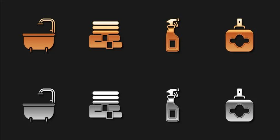 Set Bathtub, Towel stack, Cleaning spray bottle and Perfume icon. Vector Stock Illustration
