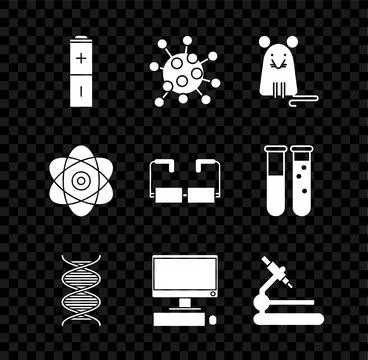 Set Battery, Bacteria, Rat, DNA symbol, Computer monitor with keyboard and mouse 스톡 일러스트