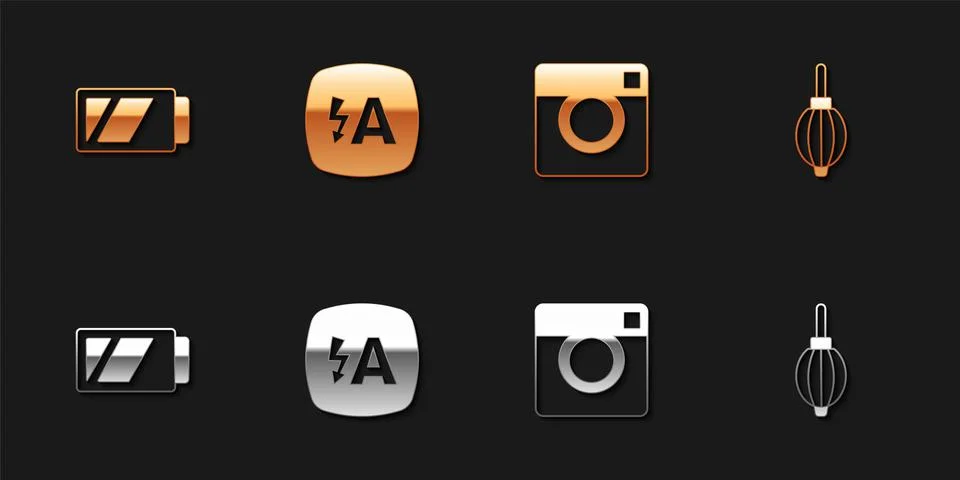 Set Battery for camera, Auto flash, Photo and Dust blower icon. Vector 스톡 일러스트