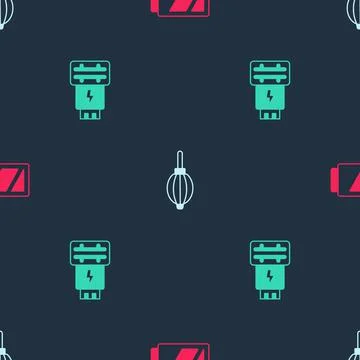Set Battery for camera, Dust blower and Photo flash on seamless pattern. Vector Illustrazione stock