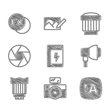 Set Battery for camera, Photo with flash, Auto, Softbox light, Camera photo lens Stock Illustration