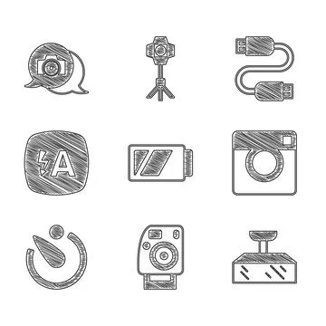 Set Battery for camera, Photo, Softbox light, Camera timer, Auto flash, USB Stock Illustration