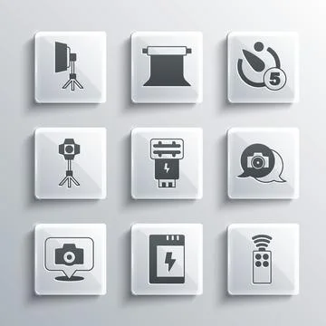 Set Battery for camera, Remote control, Photo, flash, Softbox light, and Camera Stock Illustration