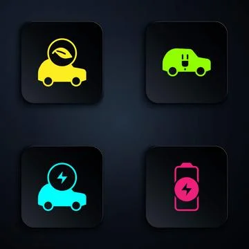 Set Battery charge, Eco car, Electric and . Black square button. Vector Stock Illustration