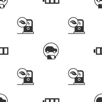 Set Battery charge, Electric car and charging station on seamless pattern Stock Illustration