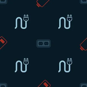 Set Battery charge, Electrical outlet and plug on seamless pattern. Vector Stockillustratie